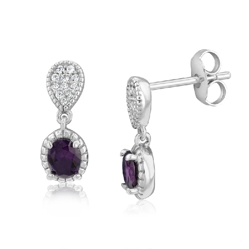 unique drop gemstone earrings for women -Sterling Silver Rhodium Plated Oval Created Amethyst And White CZ Drop Earrings