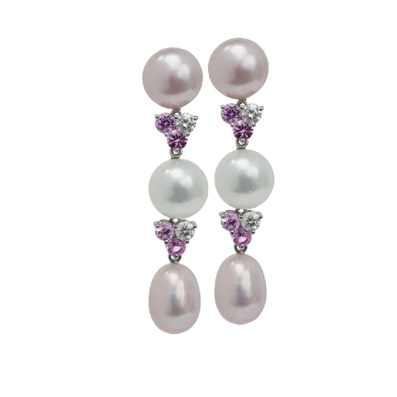 radiant gemstone hoop earrings for women -Pink and White Cultured Pearl, Sapphire and Diamond Earrings