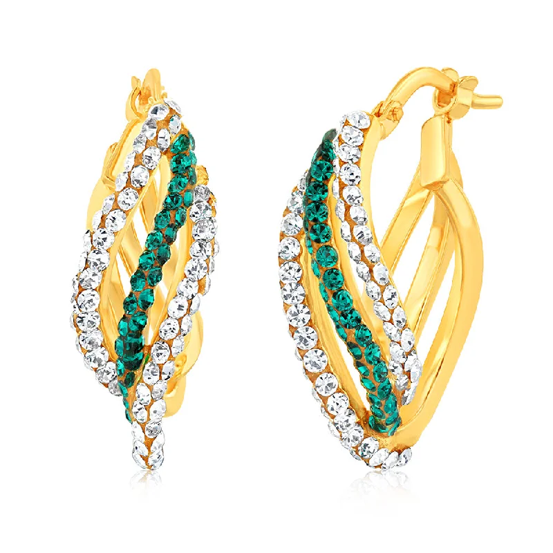 abstract earrings for women -9ct Yellow Gold Silverfilled Green And White Crystal Triple Hoop Earrings