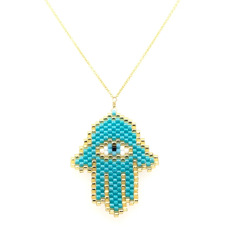 gemstone star necklaces for women -Seed Bead Hamsa Turquoise Large Necklace