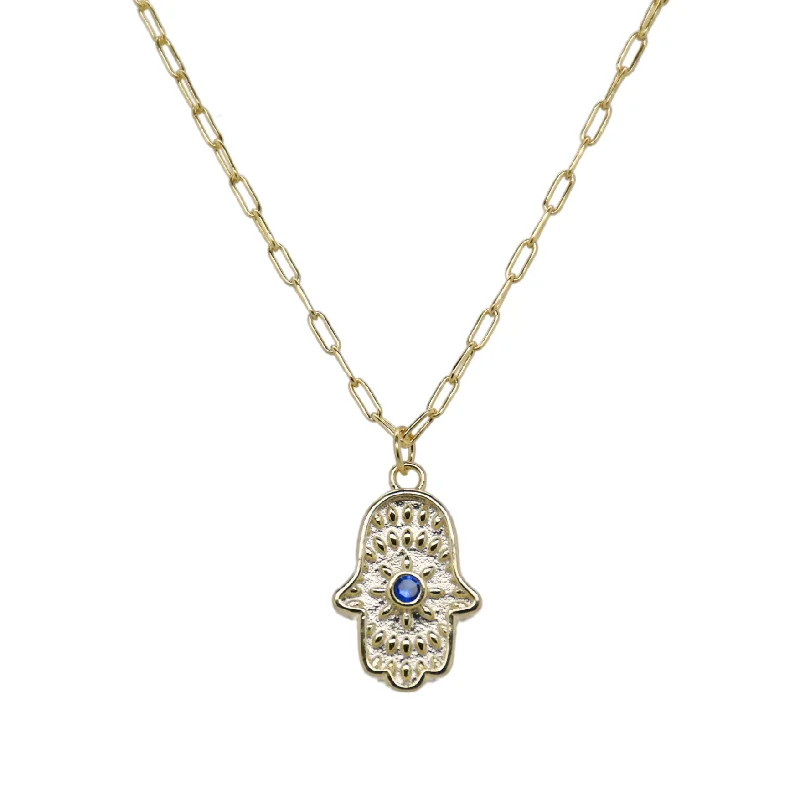 chic gemstone pendant necklaces for women -"SOLITARY HAMSA" Charm on Paperclip Chain Necklace