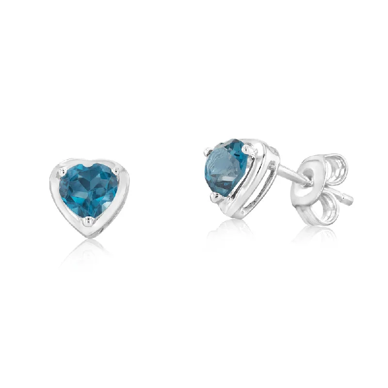 butterfly earrings for women -Sterling Silver 1.3Ct Natural London Blue Topaz Heart Shaped Stud Earrings