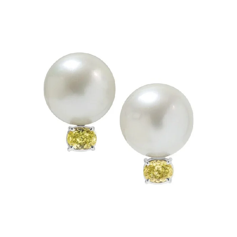 classic gemstone earrings for women -18k White Gold, South Sea Pearl and Fancy Yellow Diamond Earrings