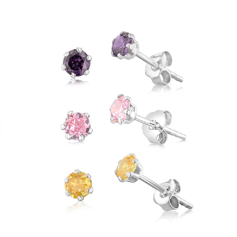 gold gemstone earrings for women -Sterling Silver Curbic Zirconia Studs Earrings Set of 3 - Pink Amethyst Yellow