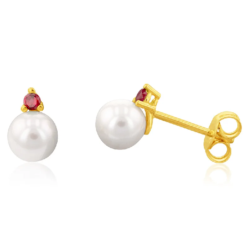 radiant diamond earrings for women -9ct Yellow Gold Red Cubic Zirconia Pearl Stud Earrings