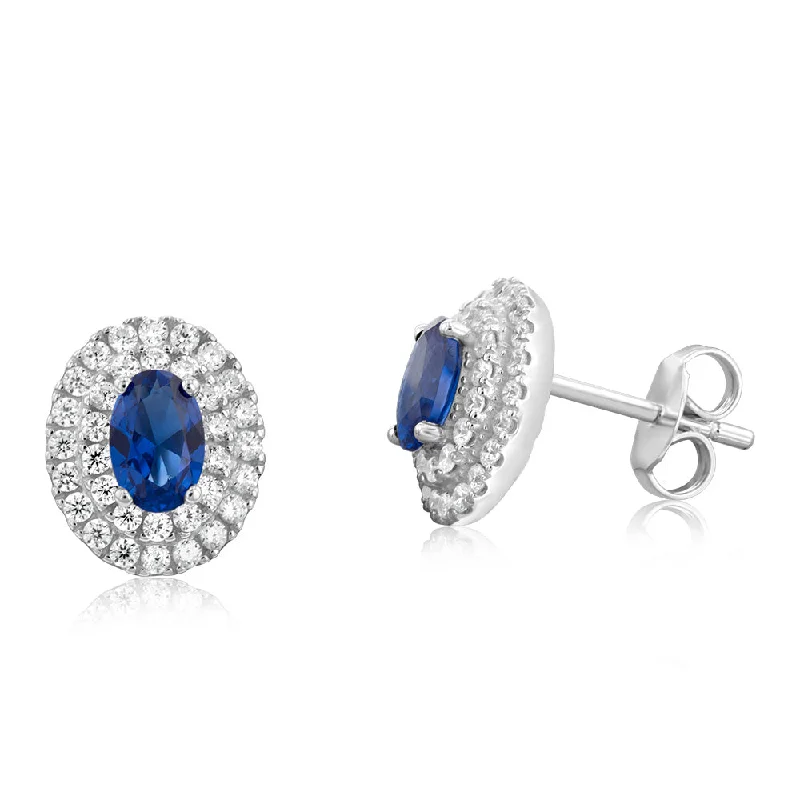 elegant circle earrings for women -Sterling Silver Rhodium Plated Sapphire Coloured And White Cubic Zirconia Studs Earrings