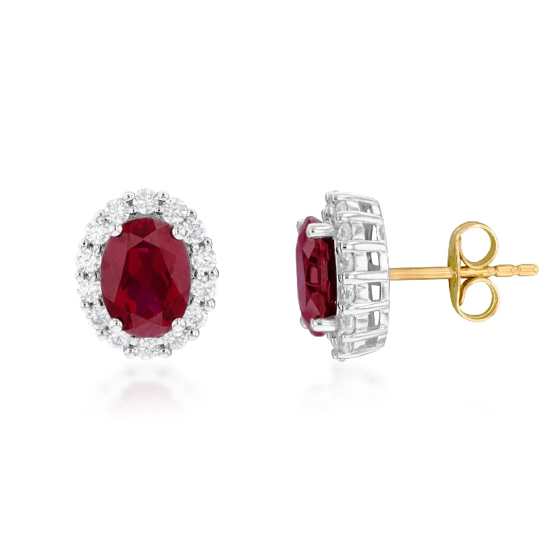 luxurious crystal drop earrings for women -9ct Yellow Gold Created Ruby Oval + Cubic Zirconia Halo Stud Earrings