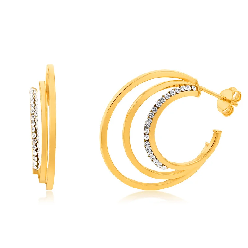 sparkling gemstone hoop earrings for women -9ct Yellow Gold Silverfilled Tripple Hoop With Crystals Earrings