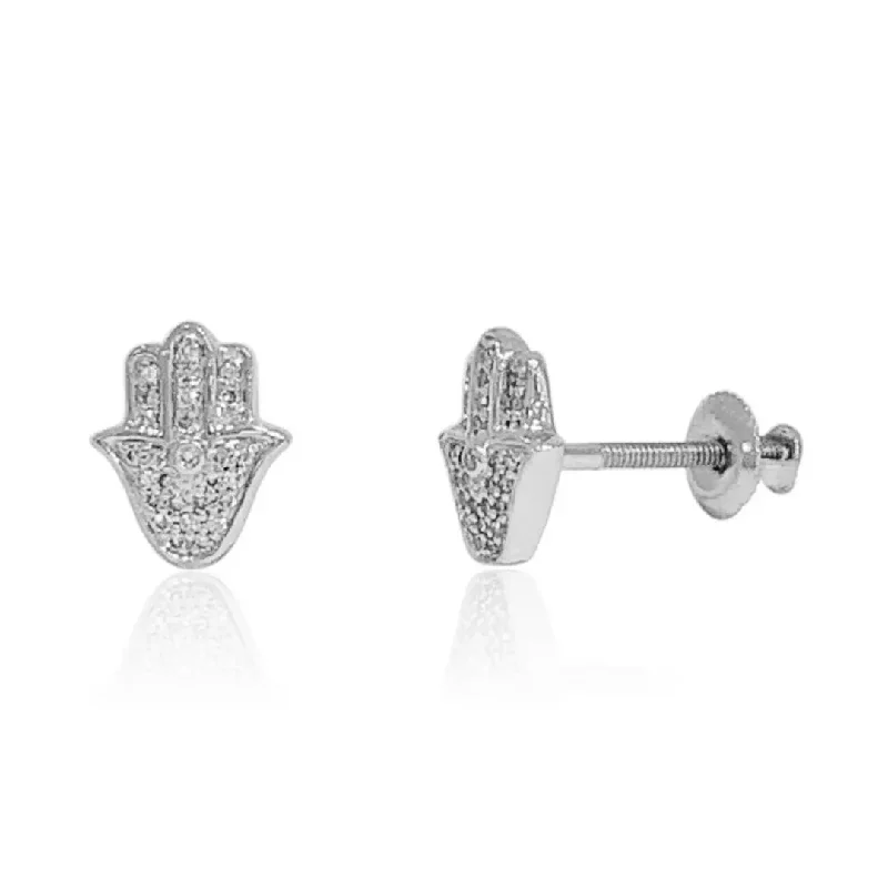 trendy gemstone stud earrings for women -White Gold Diamond Hamsa Earrings