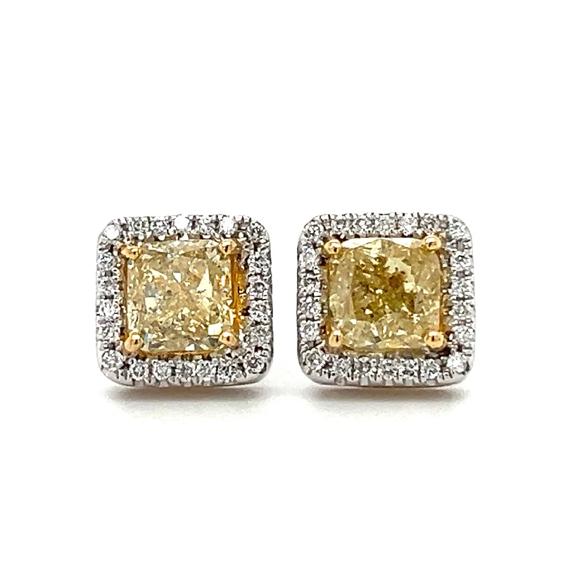 elegant gold stud earrings for women -18k White/Yellow Gold Fancy Yellow Cushion Diamond Halo Stud Earrings