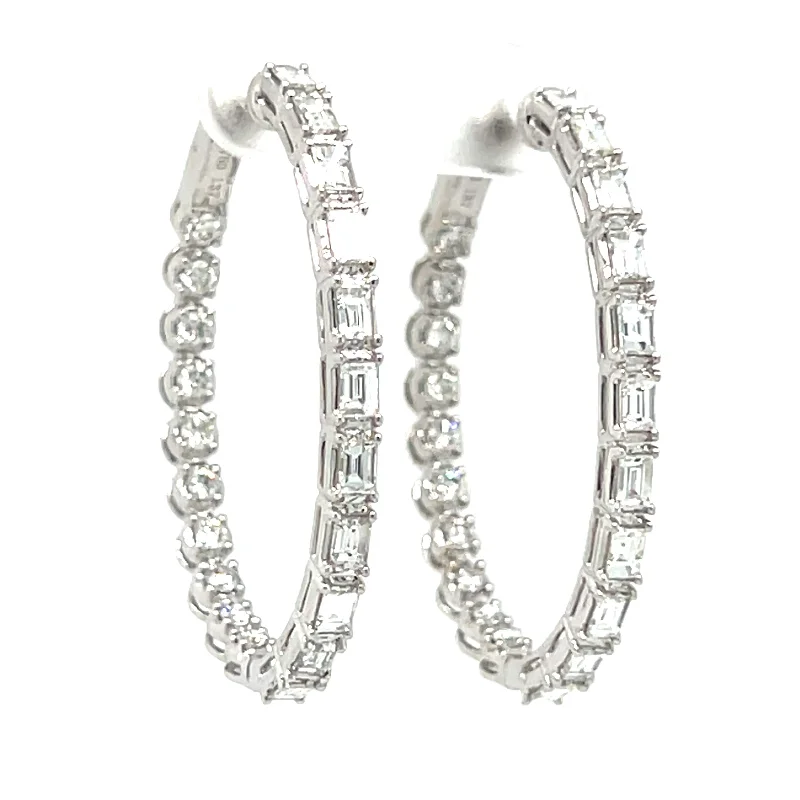 luxury statement earrings for women -18k White Gold Baguette & Round Brilliant Diamond Inside Outside Oval Hoop Earrings