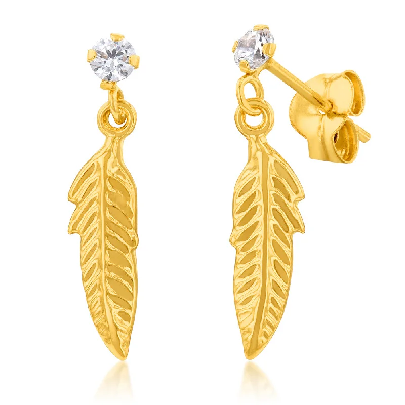 classy earrings for women -9ct Yellow Gold Zirconia Feather Drop Earrings