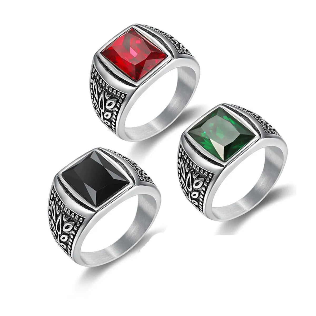 mixed metal engagement rings for women -Retro Geometric Stainless Steel Inlay Artificial Gemstones Men'S Rings