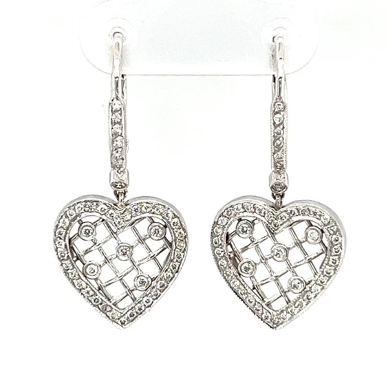 radiant gold gemstone earrings for women -Pre-Owned 18k White Gold Diamond Heart Fashion Earrings by Dev Valencia Designer Collection