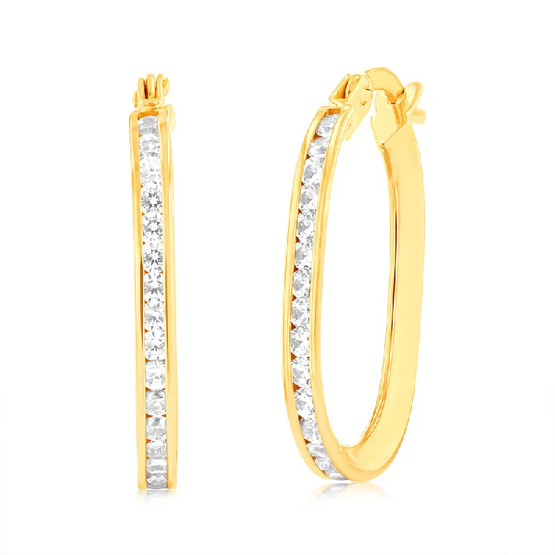 radiant stud drop earrings for women -9ct Yellow Gold Double  Side Zirconia Elongated Hoop Earrings