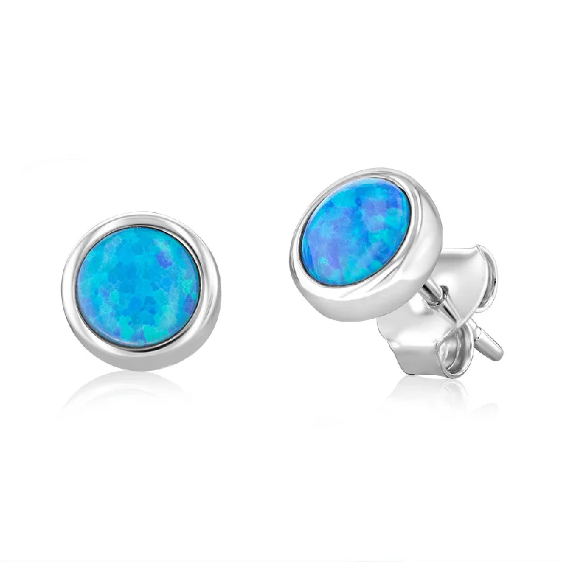 silver and pearl earrings for women -Sterling Silver Round Created Blue Opal Stud Earrings