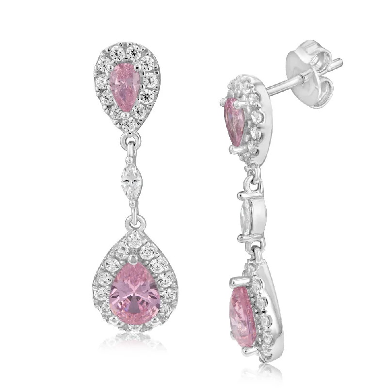 minimalist earrings for women -Sterling Silver Rhodium Plated Pink And White Cubic Zirconia Pear Drop Earrings