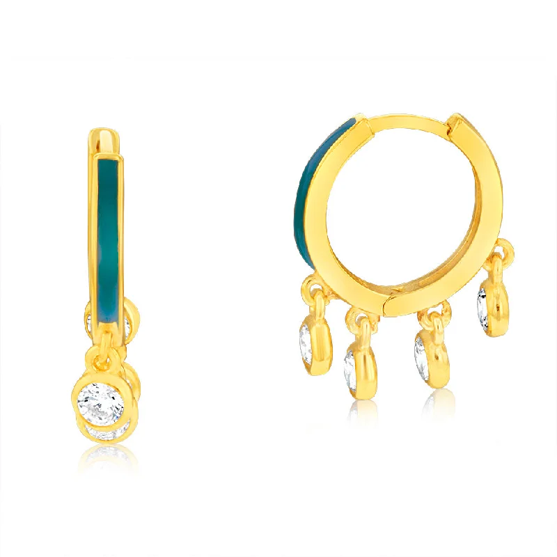 elegant drop earrings with gemstones for women -Sterling Silver Gold Plated Cubic Zirconia Blue Enamel Hoop Earrings