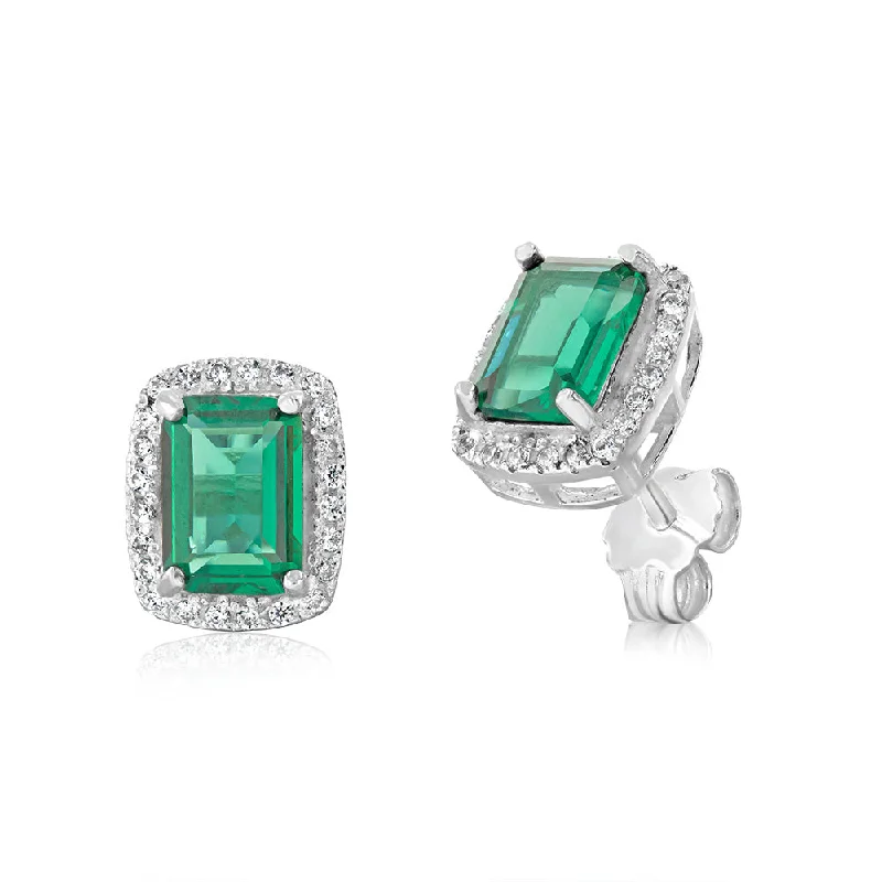 large gold earrings for women -Sterling Silver Green & White Zirconia Rectangle Stud Earrings