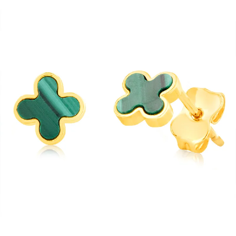 sparkling gemstone stud earrings for women -9ct Yellow Gold Malachite Petal Stud Earrings