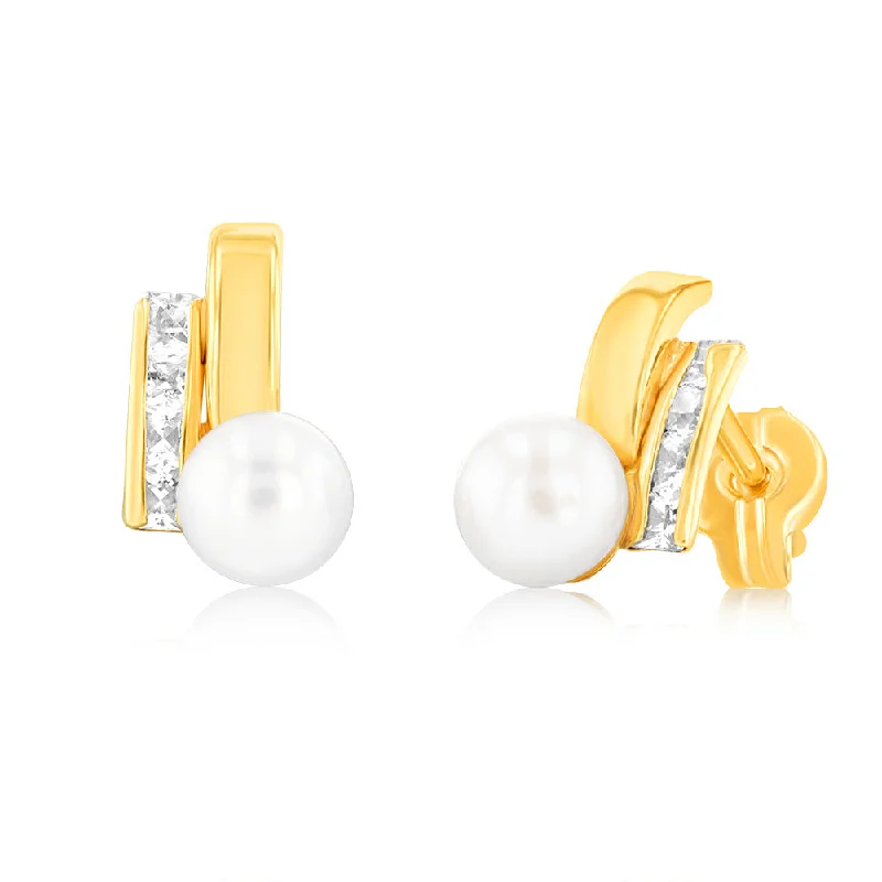 radiant gemstone earrings with diamonds for women -9ct Yellow Gold Zirconia And Fresh Water Pearl Two Band Stud Earrings