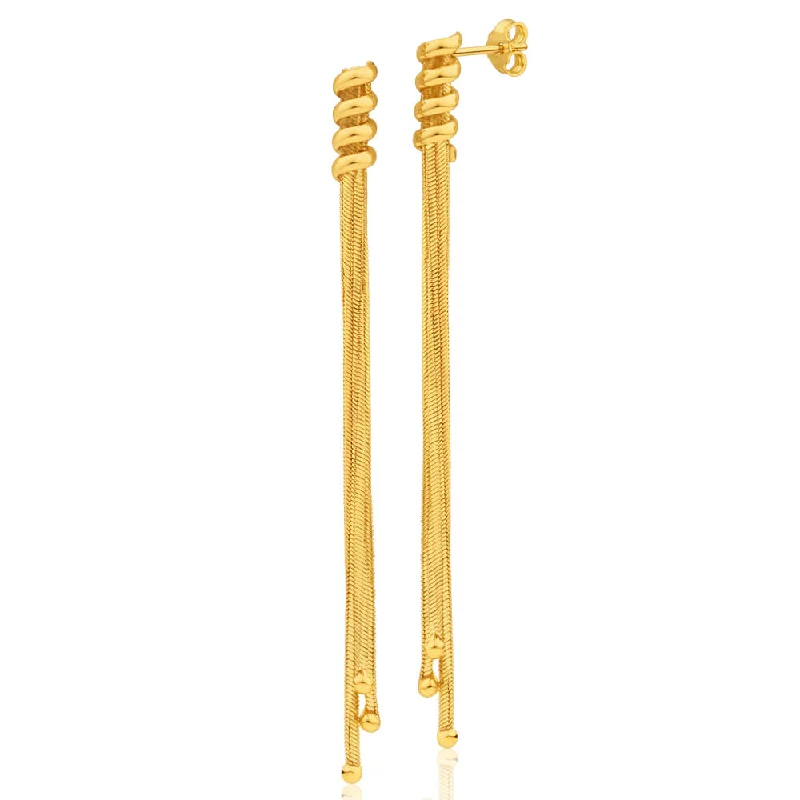 luxury gold drop earrings for women -9ct Yellow Gold Silver Filled Fancy Graduated Three String Drop Earrings