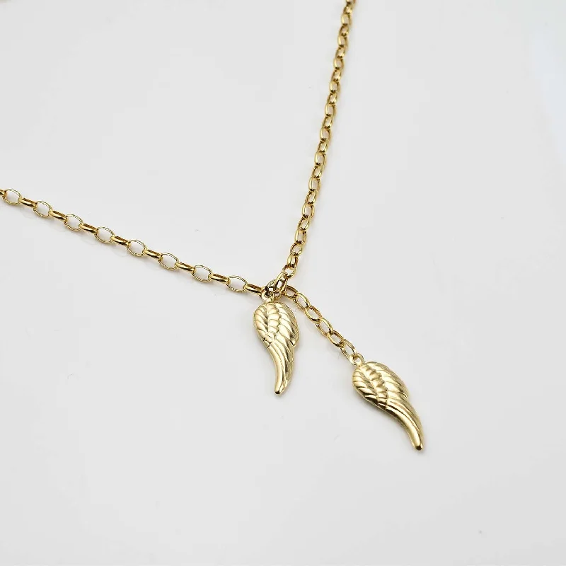 engraved gold necklaces for women -Angel Wings Belcher Chain 9K Gold Necklace