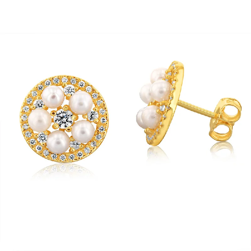 statement stud earrings for women -Sterling Silver Gold Plated Fresh Water Pearls And Cubic Zirconia Round Stud Earrings