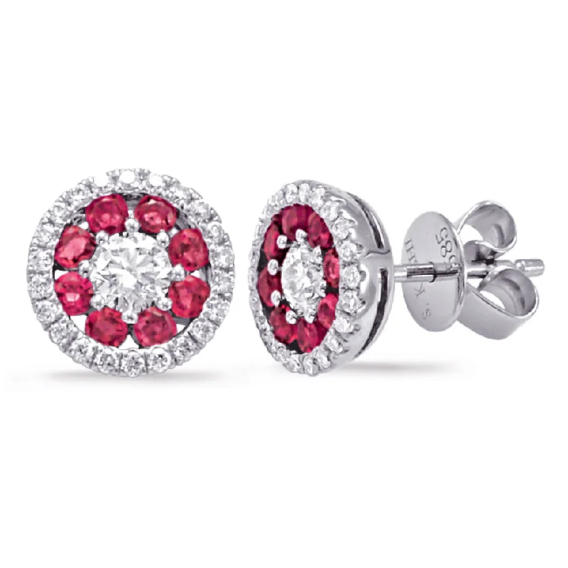 sparkling gemstone dangle earrings for women -14K White Gold Ruby & Diamond Round Halo Cluster Stud Earrings