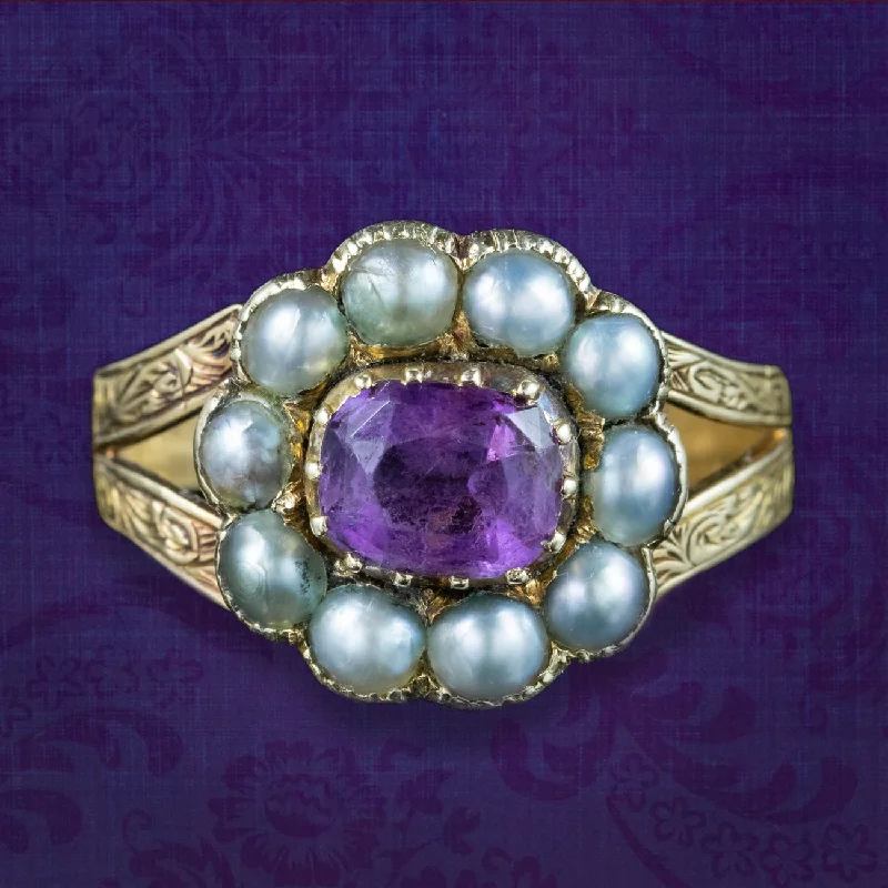 opal rings for women -Antique Victorian Amethyst Pearl Cluster Ring