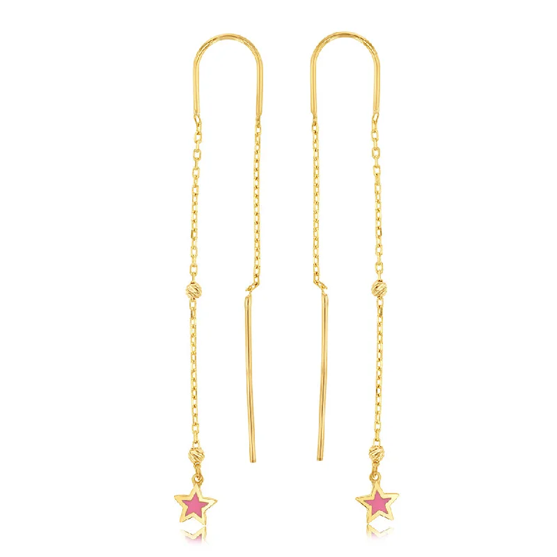 stud earrings with diamonds for women -9ct Yellow Gold Pink Star Threader Earrings