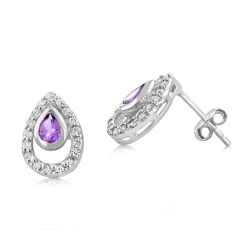 geometric drop hoop earrings for women -Sterling Silver Amethyst And Cubic Zirconia Pear Shaped Earrings