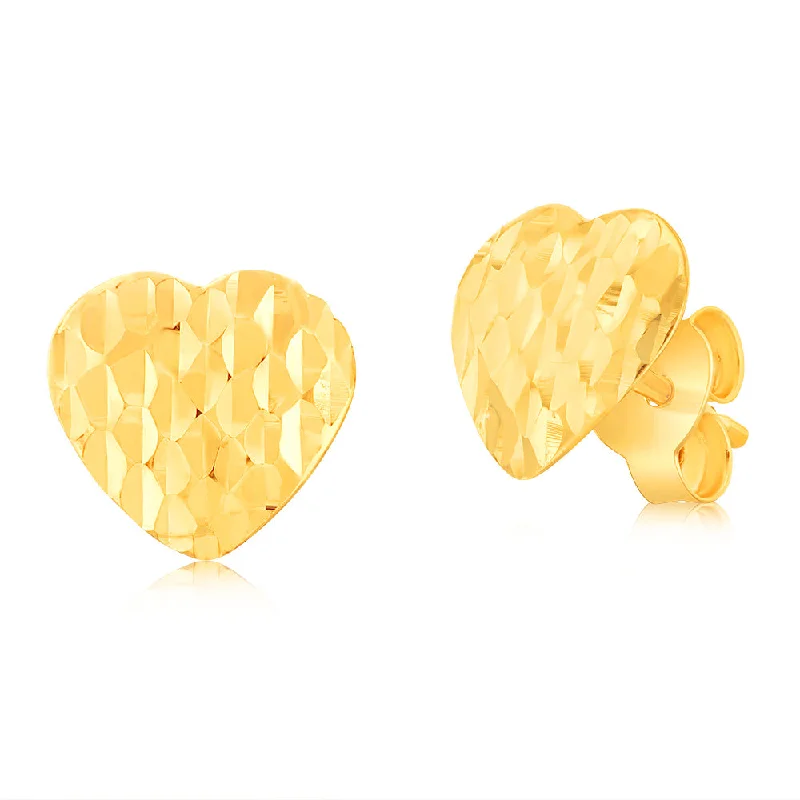 silver chain earrings for women -9ct Yellow Gold Textured Heart Stud Earrings