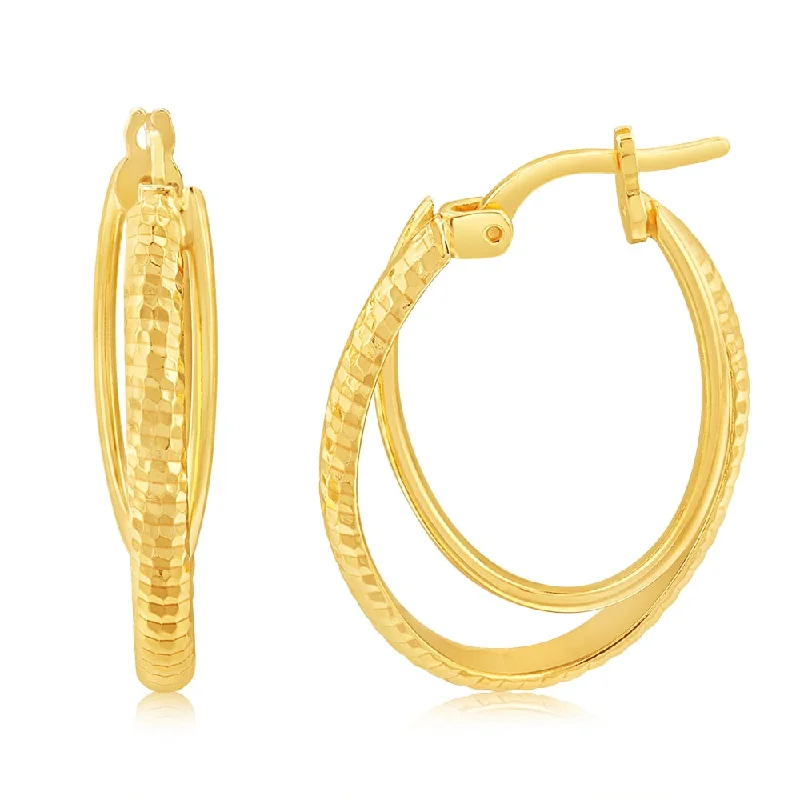 chic gemstone chandelier earrings for women -Sterling Silver Gold Plated Patterned Double Hoop Earrings