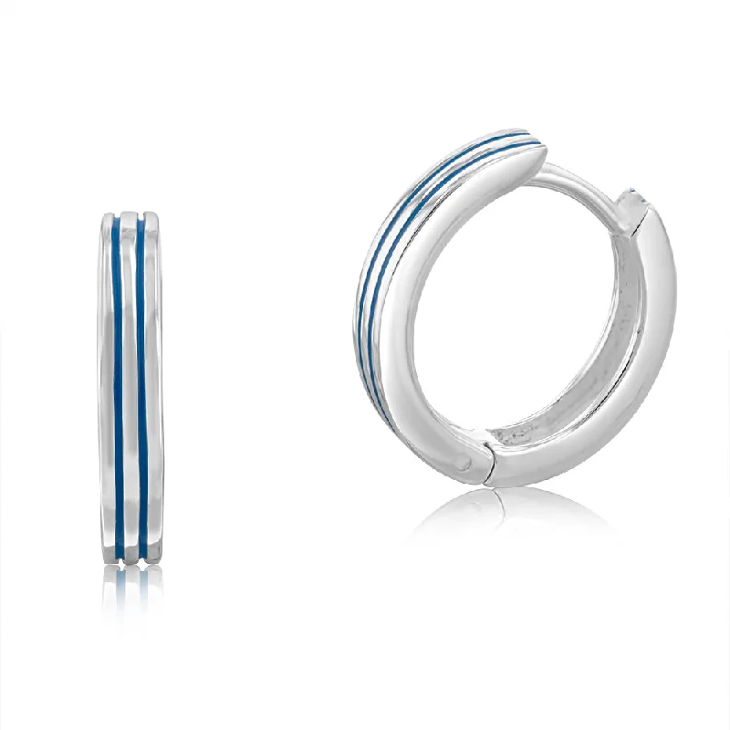 unique gold earrings for women -Sterling Silver Blue Striped 15mm Hinged Hoop Earrings