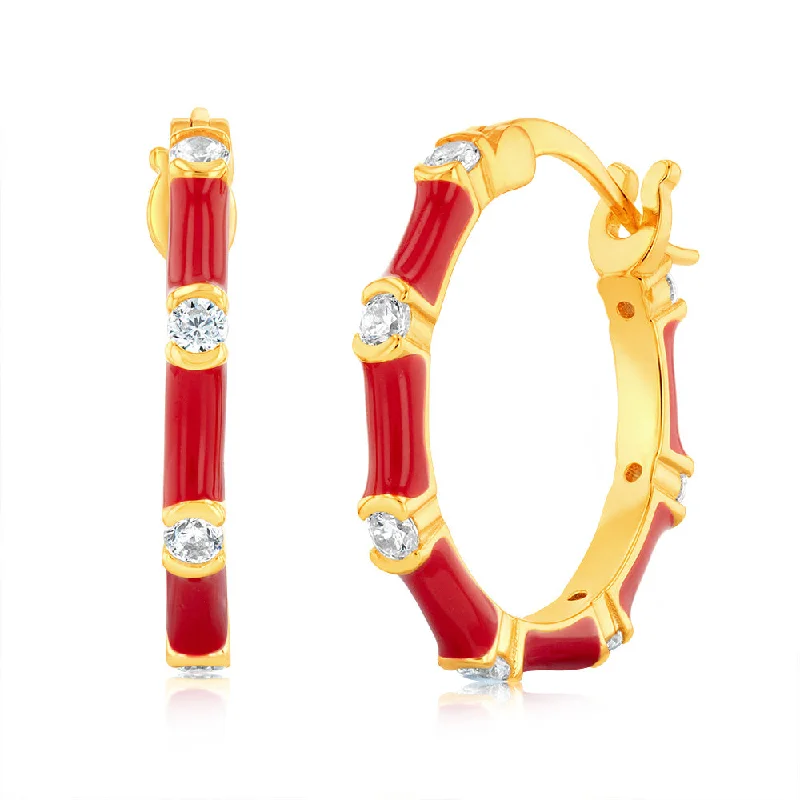 minimalist hoop earrings for women -Sterling Silver Gold Plated Red Enamel And Zirconia Hoop Earrings