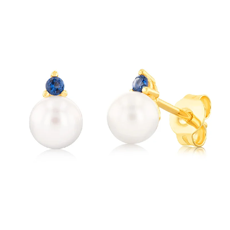 delicate drop earrings for women -9ct Yellow Gold Sapphire Blue Zirconia And Fresh Water Pearl Stud Earrings