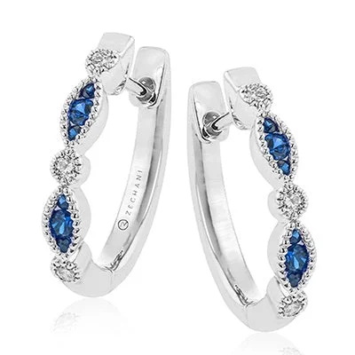 luxury gemstone stud earrings for women -14k White Gold Sapphire & Diamond Small Hoop Earrings by Zeghani