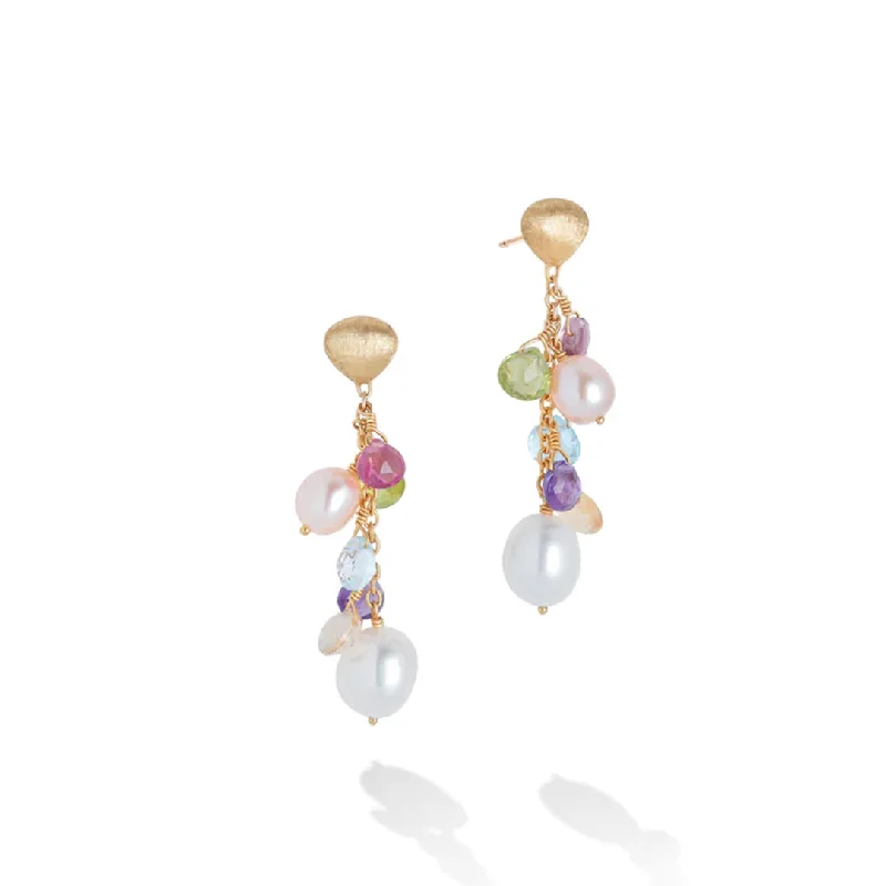 statement gemstone earrings for women -Marco Bicego Paradise Collection 18K Yellow Gold Mixed Gemstone and Pearl Short Drop Earrings