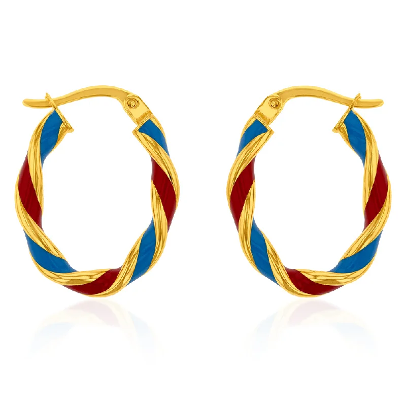 evening earrings for women -9ct Yellow Gold Silverfilled 15mm Red And Blue Enamel On Twisted Hoop Earrings