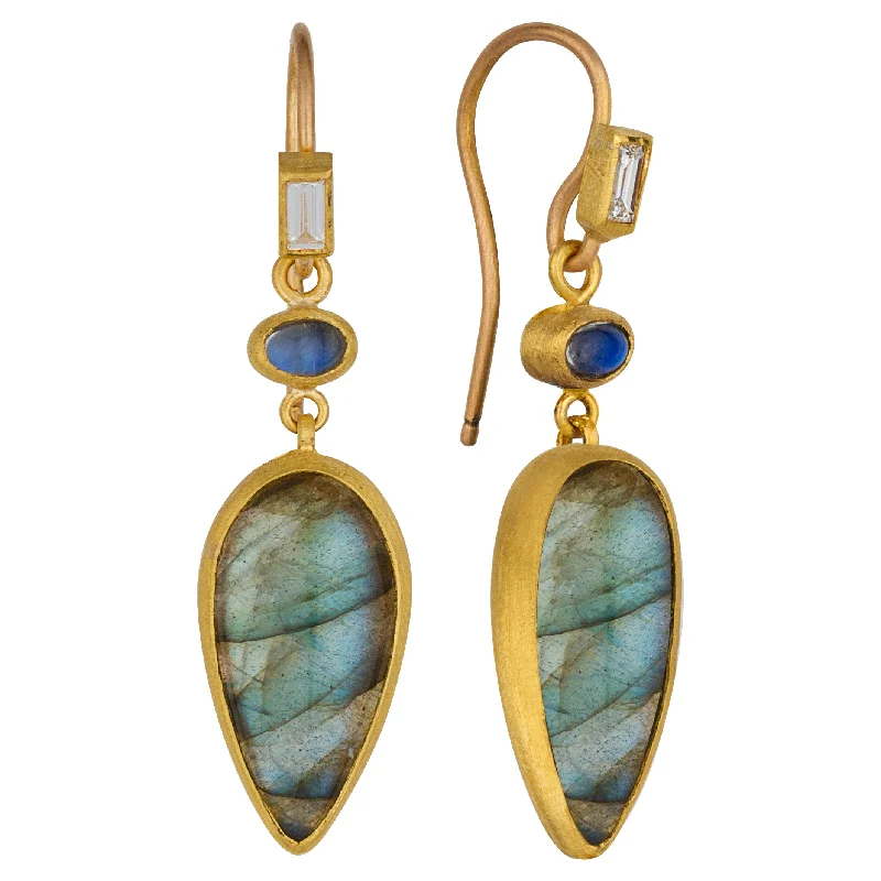 radiant gemstone earrings for women -Lika Behar "Miro" Dangle Drop Earrings with Pear Labradorites & Rainbow Moonstones Silver & 24K Gold