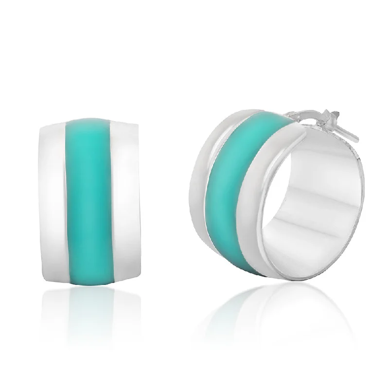 geometric drop earrings for women -Sterling Silver Aqua Enamel On Wide Hoop Earrings