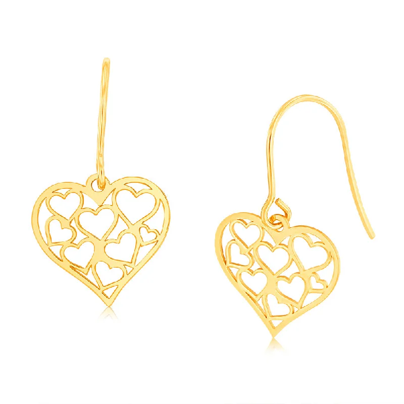 silver crystal earrings for women -9ct Yellow Gold Heart with Cut Out Hearts Hook Earrings