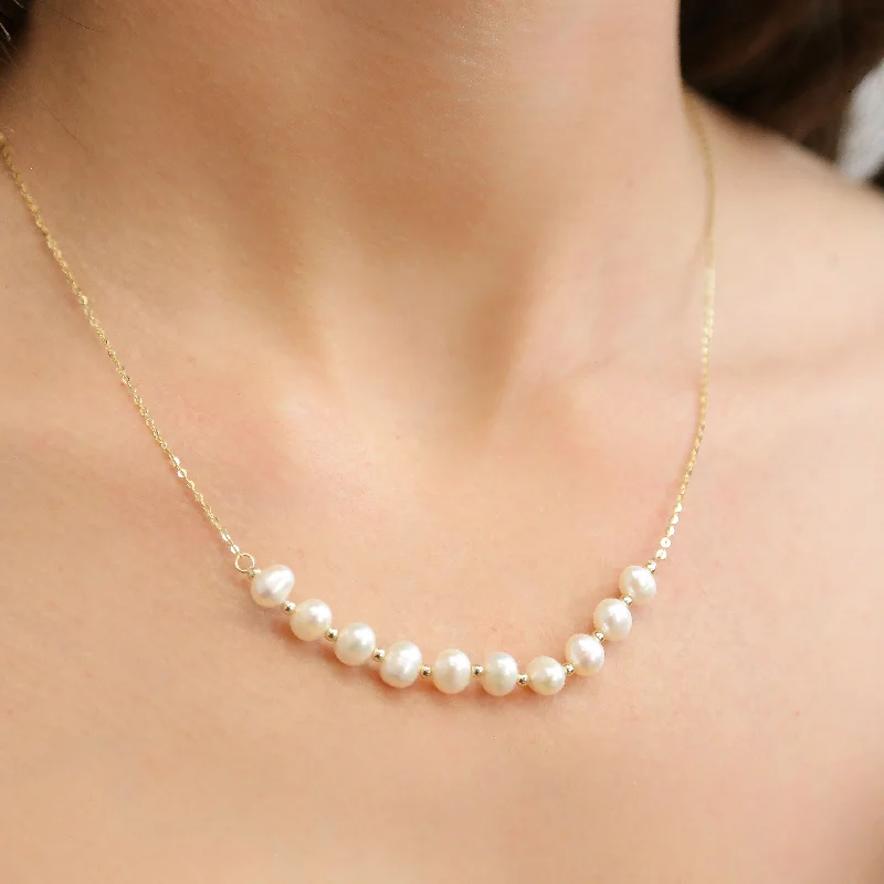 elegant moonstone heart necklaces for women -SERENE - Freshwater Pearls with Gold Dainty Chain Necklace