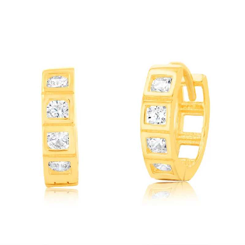 chic bar stud earrings for women -9ct Yellow Gold 10mm Cubic Zirconia Huggie Earrings