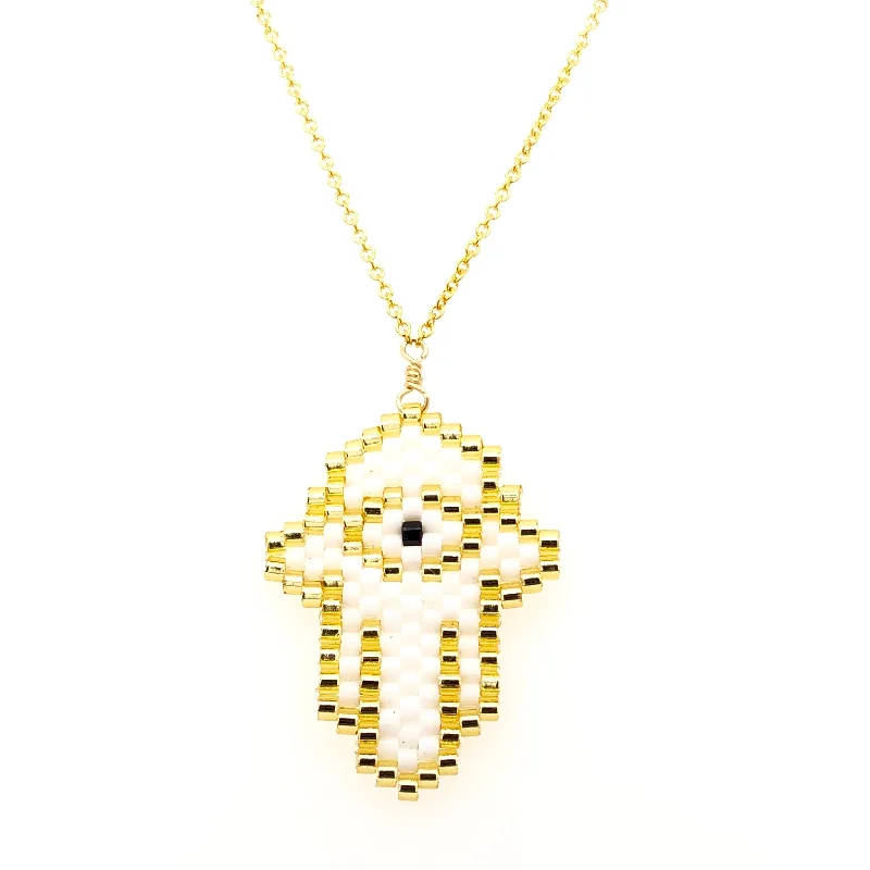 double-layered necklaces for women -Seed Bead White Hamsa with Black Eye Necklace