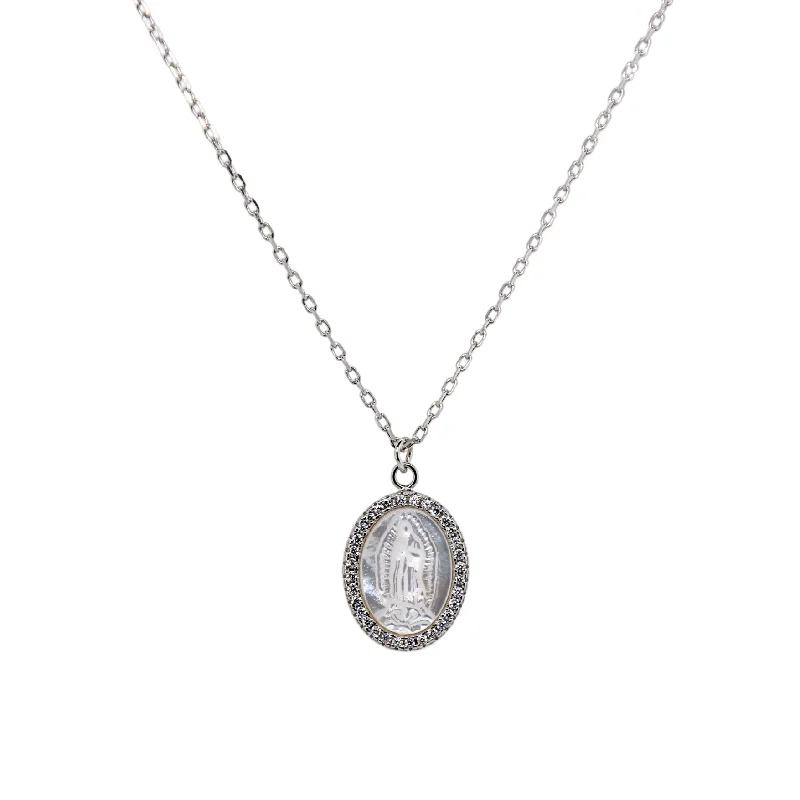 silver infinity necklaces for women -"MARY" Large Oval Virgin Mary in Mother of Pearl Necklace