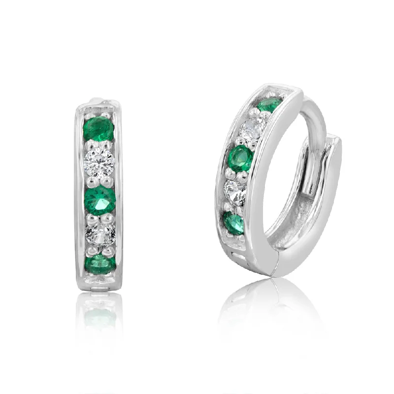 fashion drop gemstone earrings for women -Sterling Silver Rhodium Plated Created Emerald And White CZ Hoop Earrings