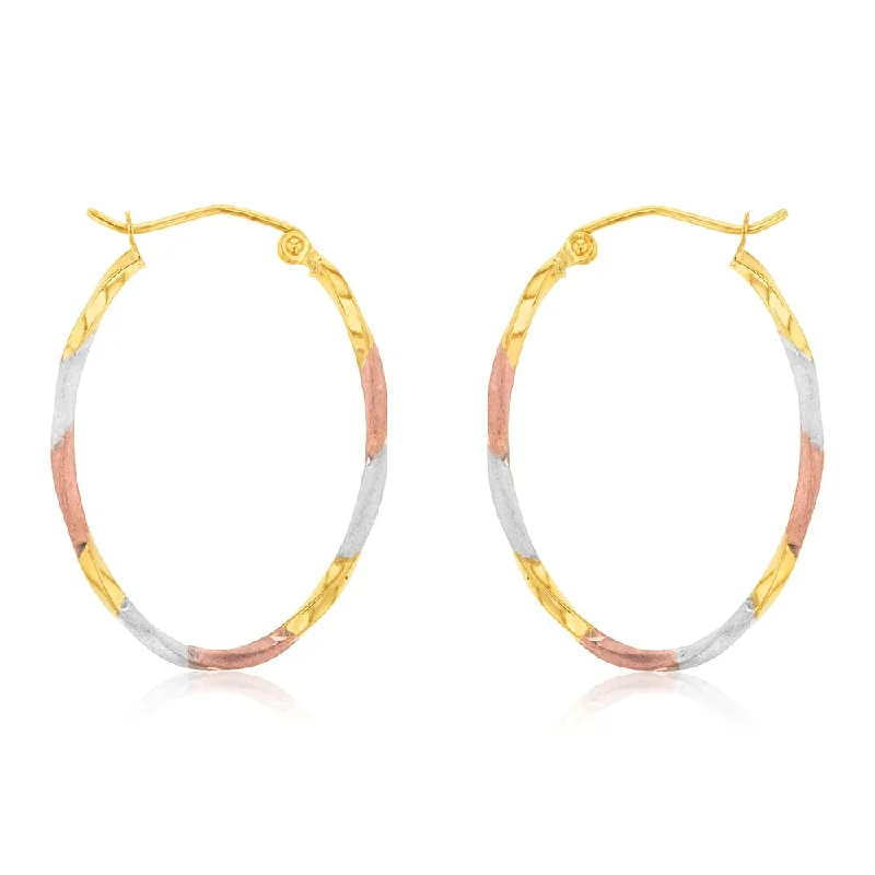 chic rhinestone earrings for women -9ct Yellow, Rose, White Three Tone Twist Tube Hoop Earrings