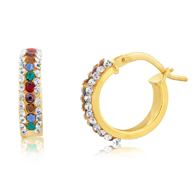 vintage gold earrings for women -9ct Yellow Gold Silverfilled Multicolour And White Crystals 10mm Broad Hoop Earrings